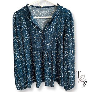 LOFT Blue Confetti Dot Long Sleeve Split Neck Smocked Casual Blouse Size XL